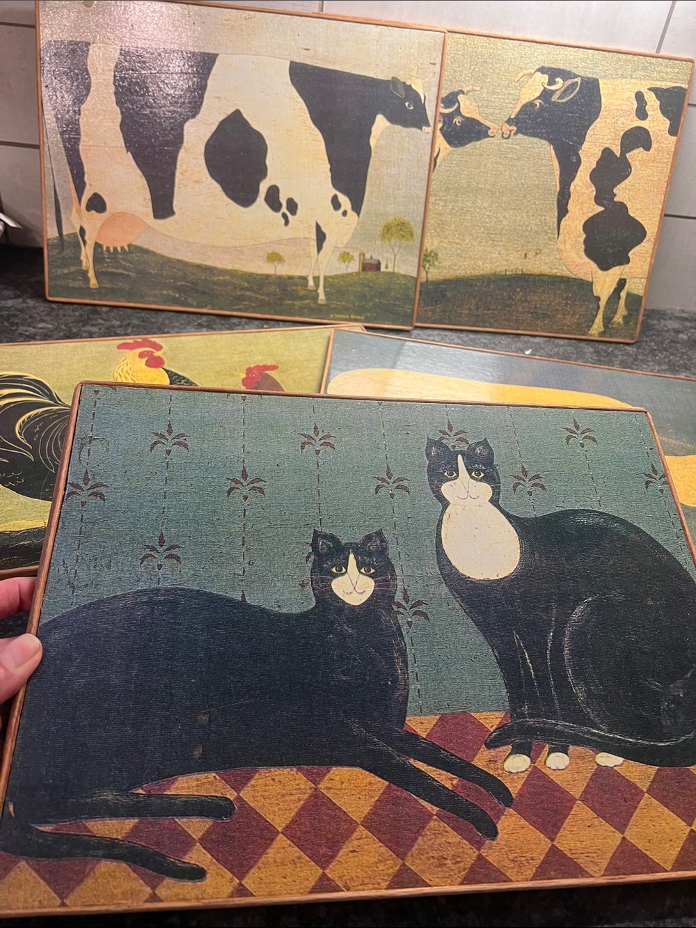 Folk Art Warren Kimble Cork backed Placemat. Set of 6. Farmhouse, Country